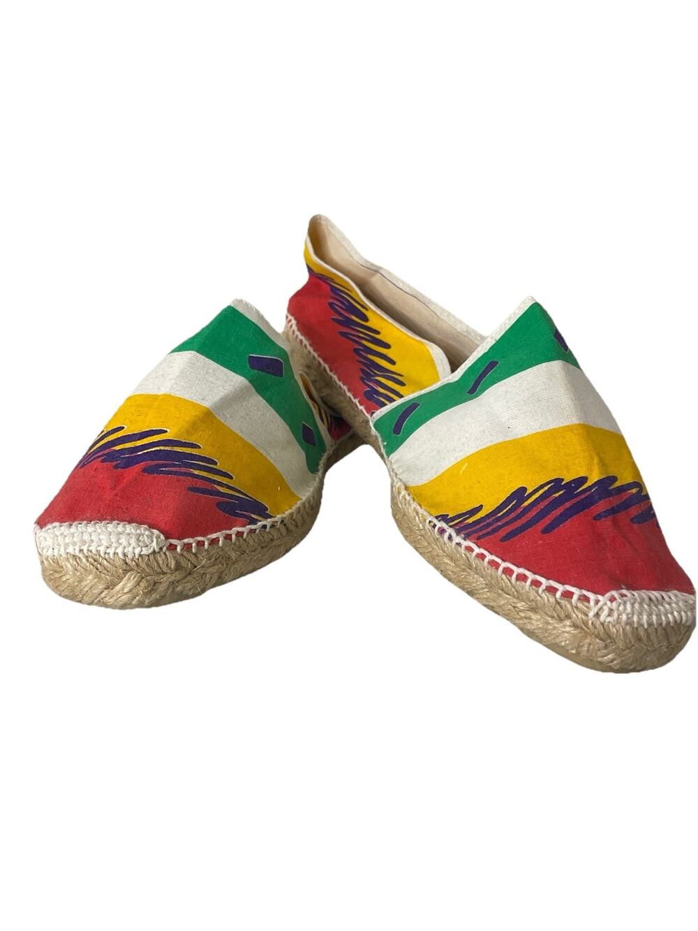 VTG 80’s Biarritz Espadrilles Shoes Multicolor Cloth Abstract Art Sz 10 France